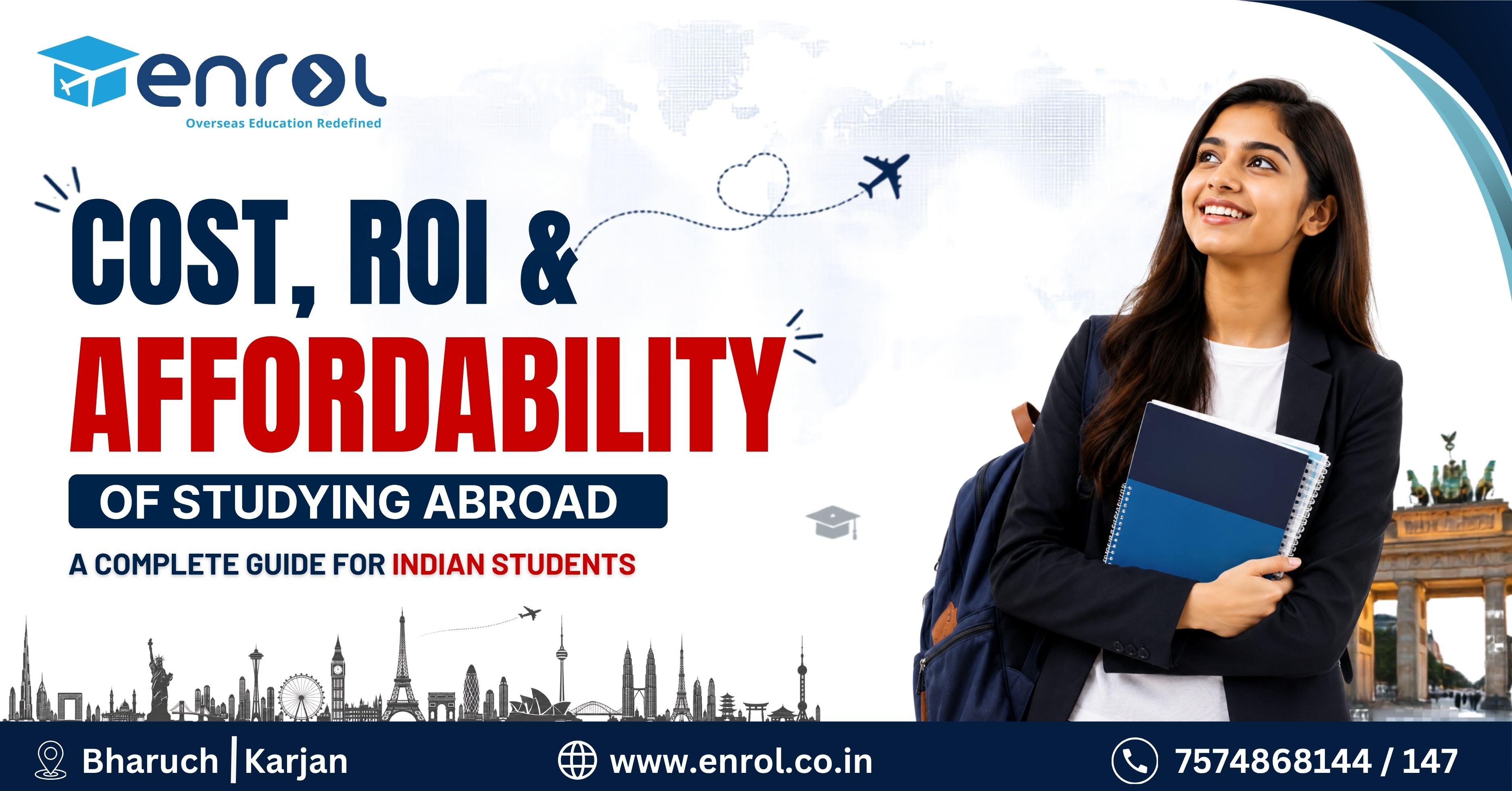 A student holding books and a graduation cap while reviewing study abroad expenses, scholarships, and international education opportunities, representing the cost, ROI, and affordability of studying abroad for Indian students.